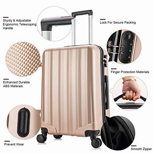 4 Pieces Travel Luggage Sets, Hardside Lightweight ABS Luggage Suitcase, 360 Spinner Wheels Travel Set Bag, Durable Trolley Suitcase 16" 20" 24" 28", 4 Pcs (Color Champagne Gold)