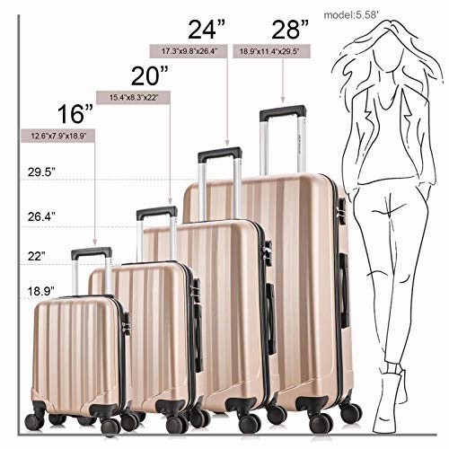 4 Pieces Travel Luggage Sets, Hardside Lightweight ABS Luggage Suitcase, 360 Spinner Wheels Travel Set Bag, Durable Trolley Suitcase 16" 20" 24" 28", 4 Pcs (Color Champagne Gold)