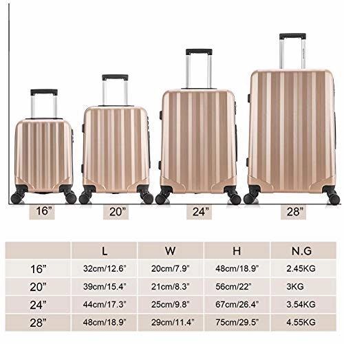 4 Pieces Travel Luggage Sets, Hardside Lightweight ABS Luggage Suitcase, 360 Spinner Wheels Travel Set Bag, Durable Trolley Suitcase 16" 20" 24" 28", 4 Pcs (Color Champagne Gold)