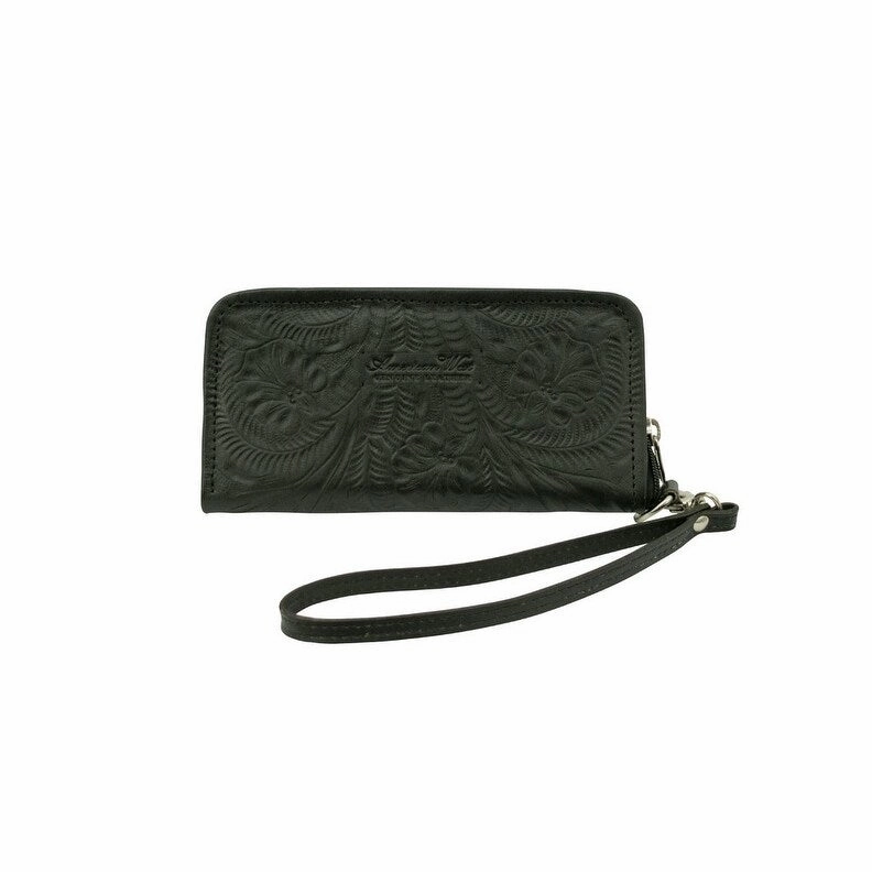 American West Western Wallet Womens Zip Around Strap Black 6620082 - 8 x 4