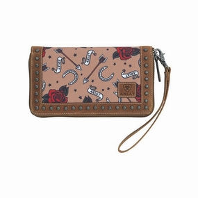 Ariat Western Wallet Womens Rose Zip Closure Wristlet Tan A770005108 - 7 7/8 x 4 1/2 x 1