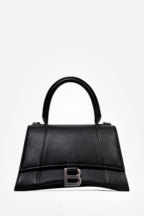 Balenciaga Black Grained Leather Small Hourglass Top Handle Bag with Strap