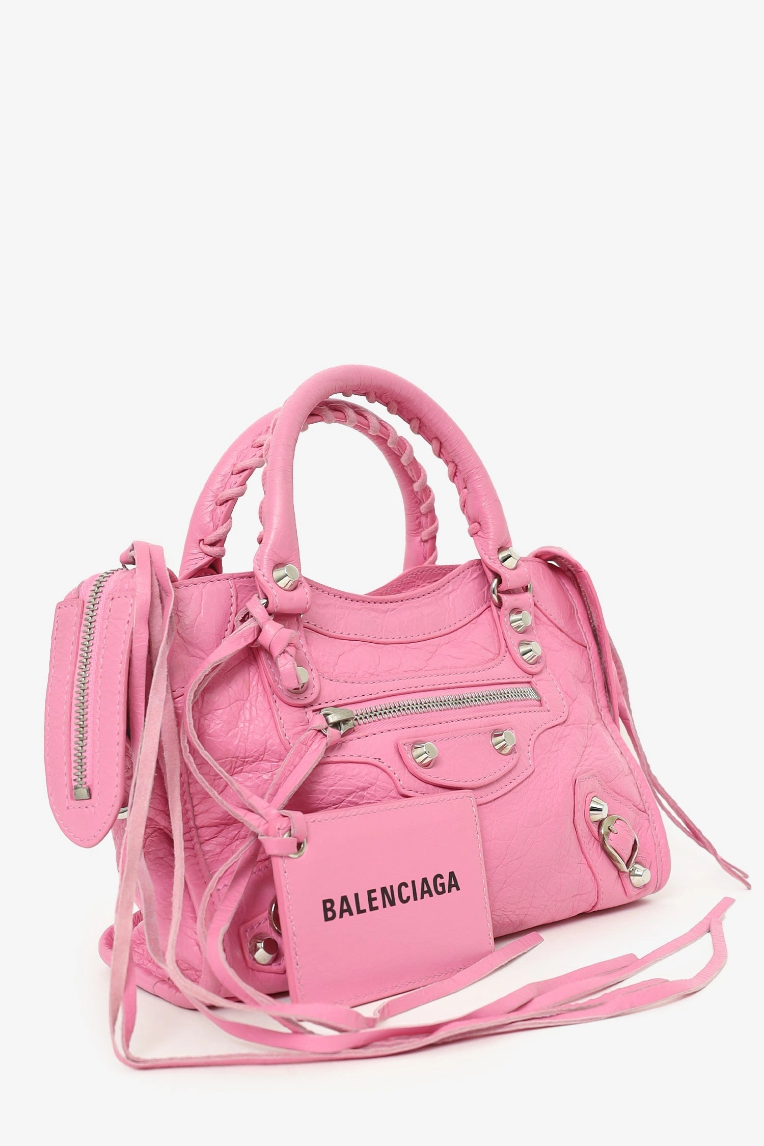 Balenciaga Pink Leather Mini Classic City Bag with Logo Strap