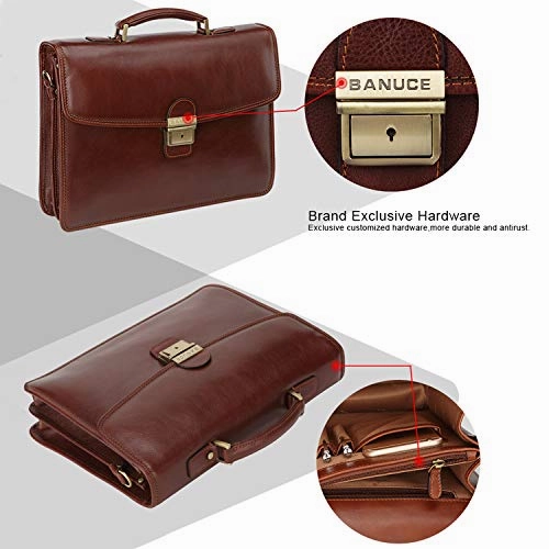 Banuce Full Grain Italian Leather Briefcase for Men Business Lock Attache Case 14 inch Laptop