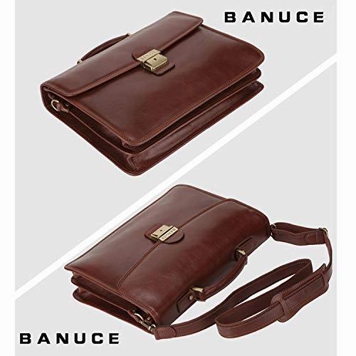 Banuce Full Grain Italian Leather Briefcase for Men Business Lock Attache Case 14 inch Laptop