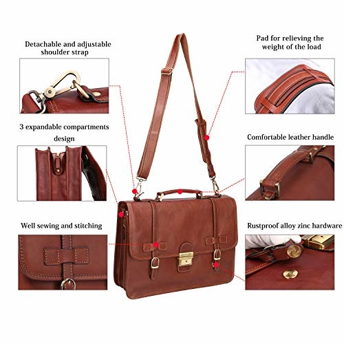 Banuce Vintage Full Grain Italian Leather Briefcase for Men Business Lock Lawyer Attache Case 14"