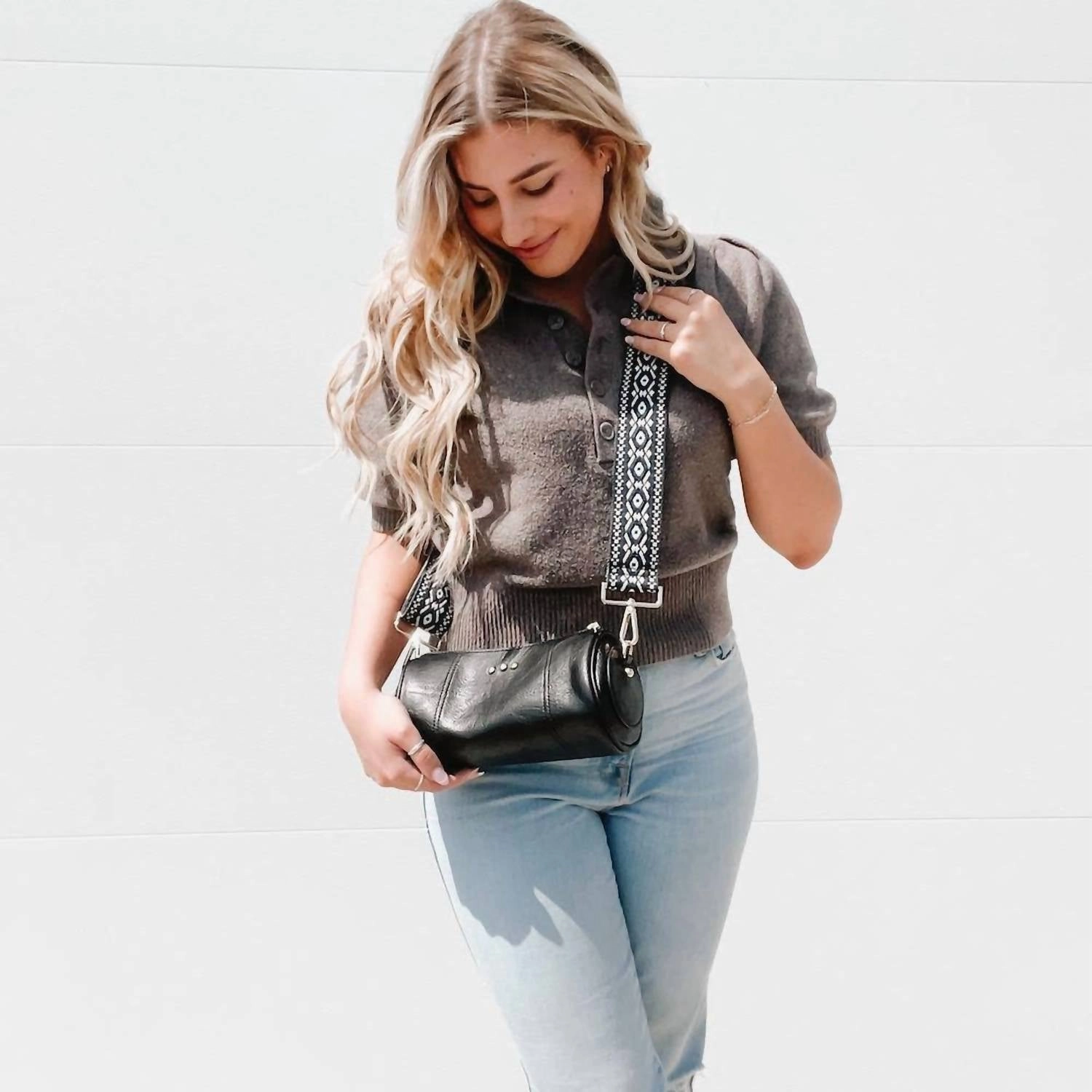 Bellamy Barrel Boho Tapestry Crossbody Strap Bag In Black