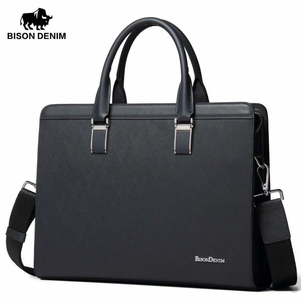 Bison Denim Genuine Leather Handbag Men Business Messenger Bag 14'' Laptop Tablet Leather
