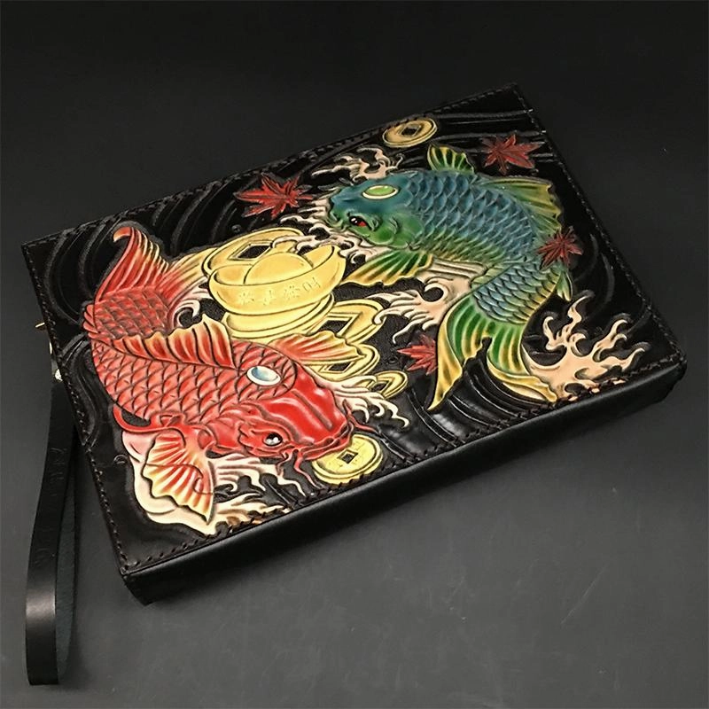 Black Handmade Tooled Leather Mahkla Clutch Wallet Wristlet Bag Clutch Purse For Men