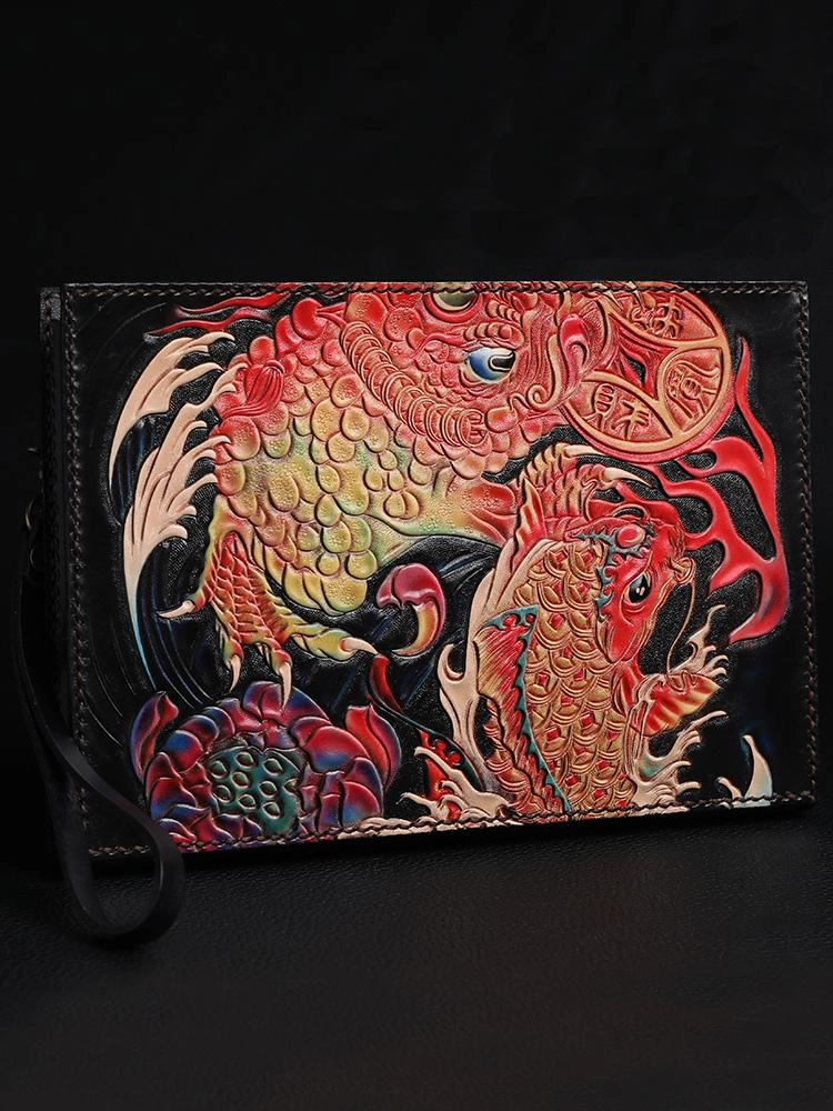 Black Handmade Tooled Leather Mahkla Clutch Wallet Wristlet Bag Clutch Purse For Men