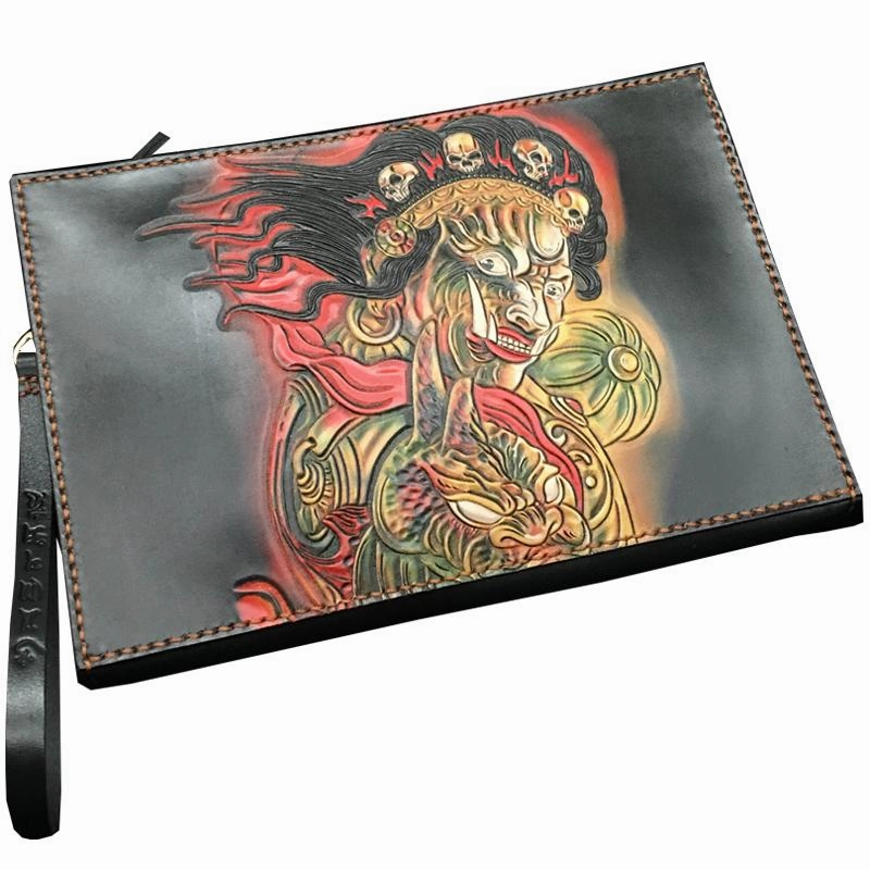 Black Handmade Tooled Leather Mahkla Clutch Wallet Wristlet Bag Clutch Purse For Men