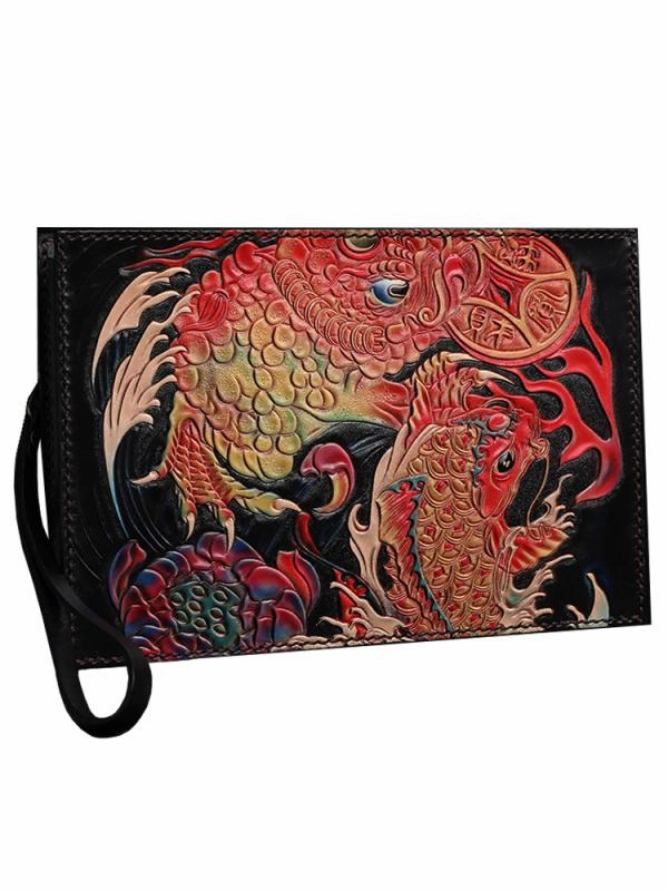 Black Handmade Tooled Leather Mahkla Clutch Wallet Wristlet Bag Clutch Purse For Men