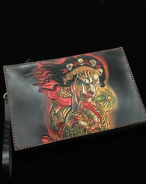 Black Handmade Tooled Leather Mahkla Clutch Wallet Wristlet Bag Clutch Purse For Men