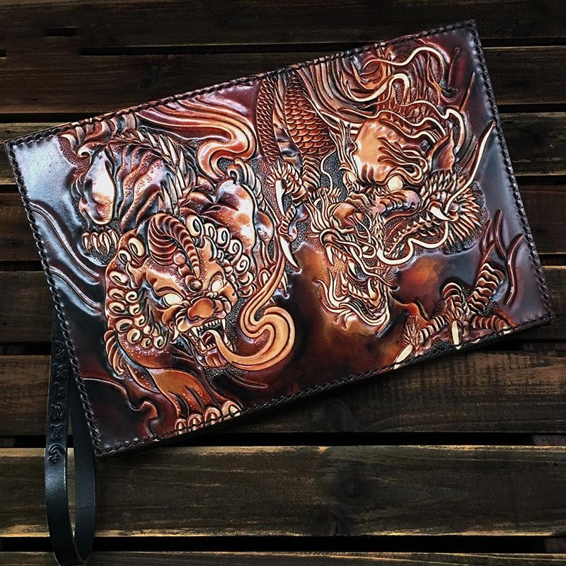 Black Handmade Tooled Leather Mahkla Clutch Wallet Wristlet Bag Clutch Purse For Men