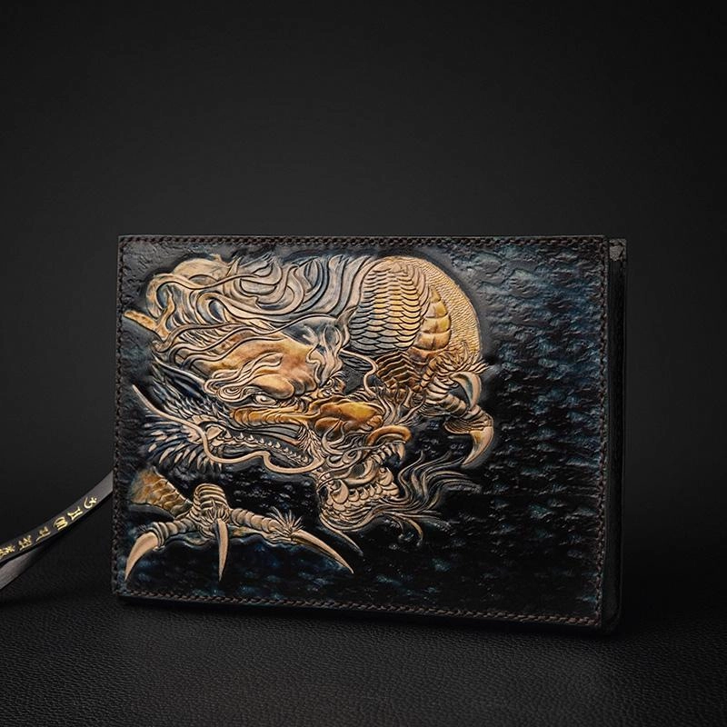 Black Handmade Tooled Leather Mahkla Clutch Wallet Wristlet Bag Clutch Purse For Men