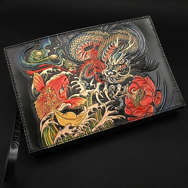 Black Handmade Tooled Leather Mahkla Clutch Wallet Wristlet Bag Clutch Purse For Men