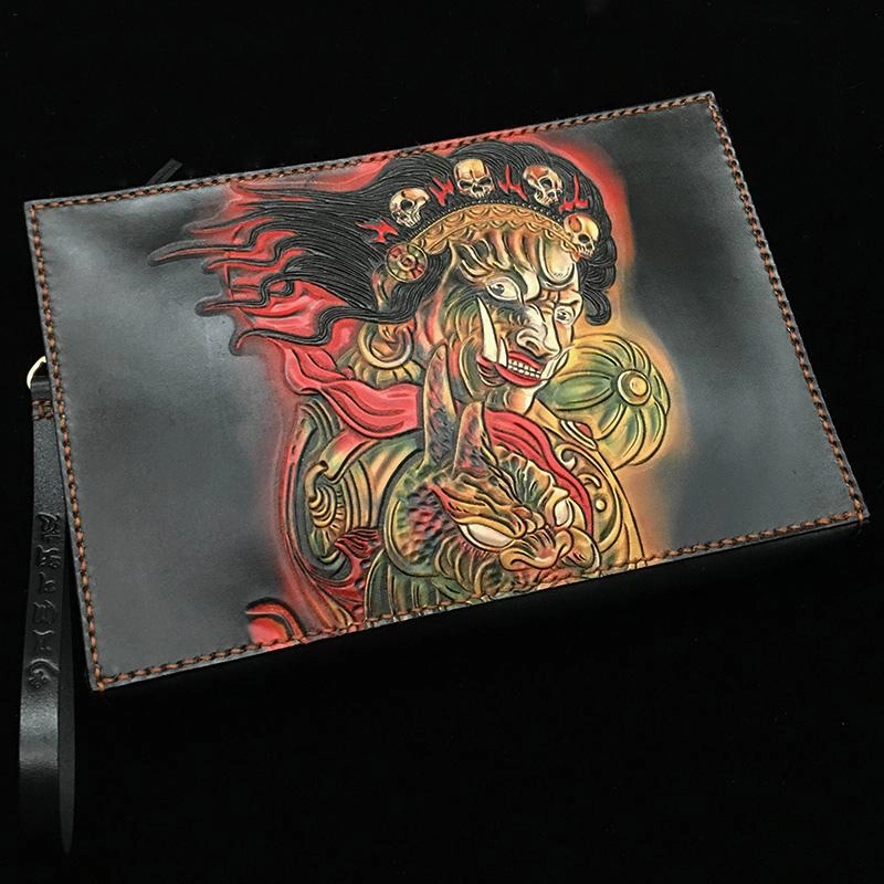 Black Handmade Tooled Leather Mahkla Clutch Wallet Wristlet Bag Clutch Purse For Men