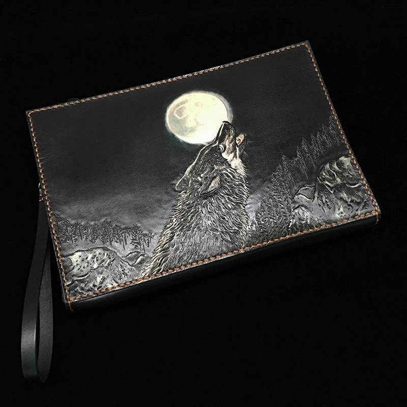 Black Handmade Tooled Leather Mahkla Clutch Wallet Wristlet Bag Clutch Purse For Men