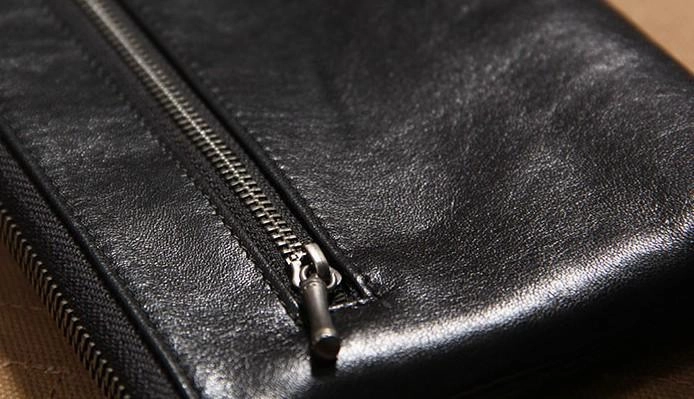 Black Leather Mens Clutch Wristlet Wallet Zipper Clutch Bag for Men