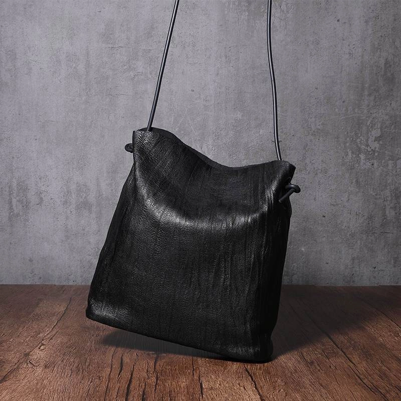 Black Leather Womens Shoulder Bucket Bag Fashion Barrel Bucket Cross body Bag