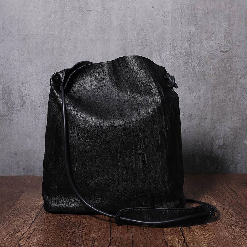 Black Leather Womens Shoulder Bucket Bag Fashion Barrel Bucket Cross body Bag