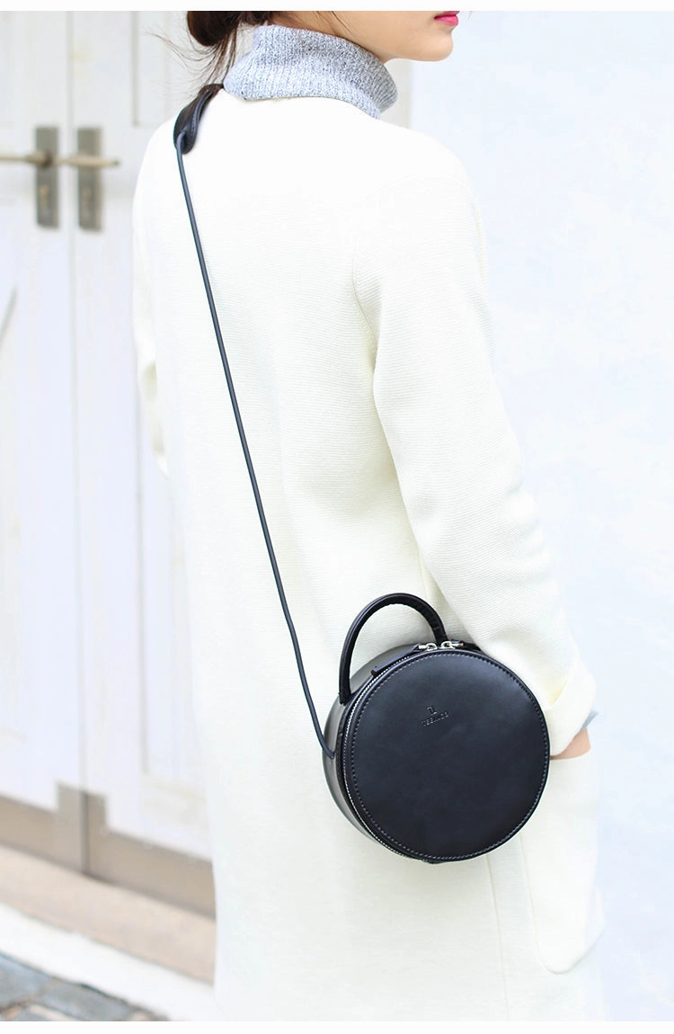 Black Stylish LEATHER WOMENs Circle Handbags Round SHOULDER BAG Purses FOR WOMEN