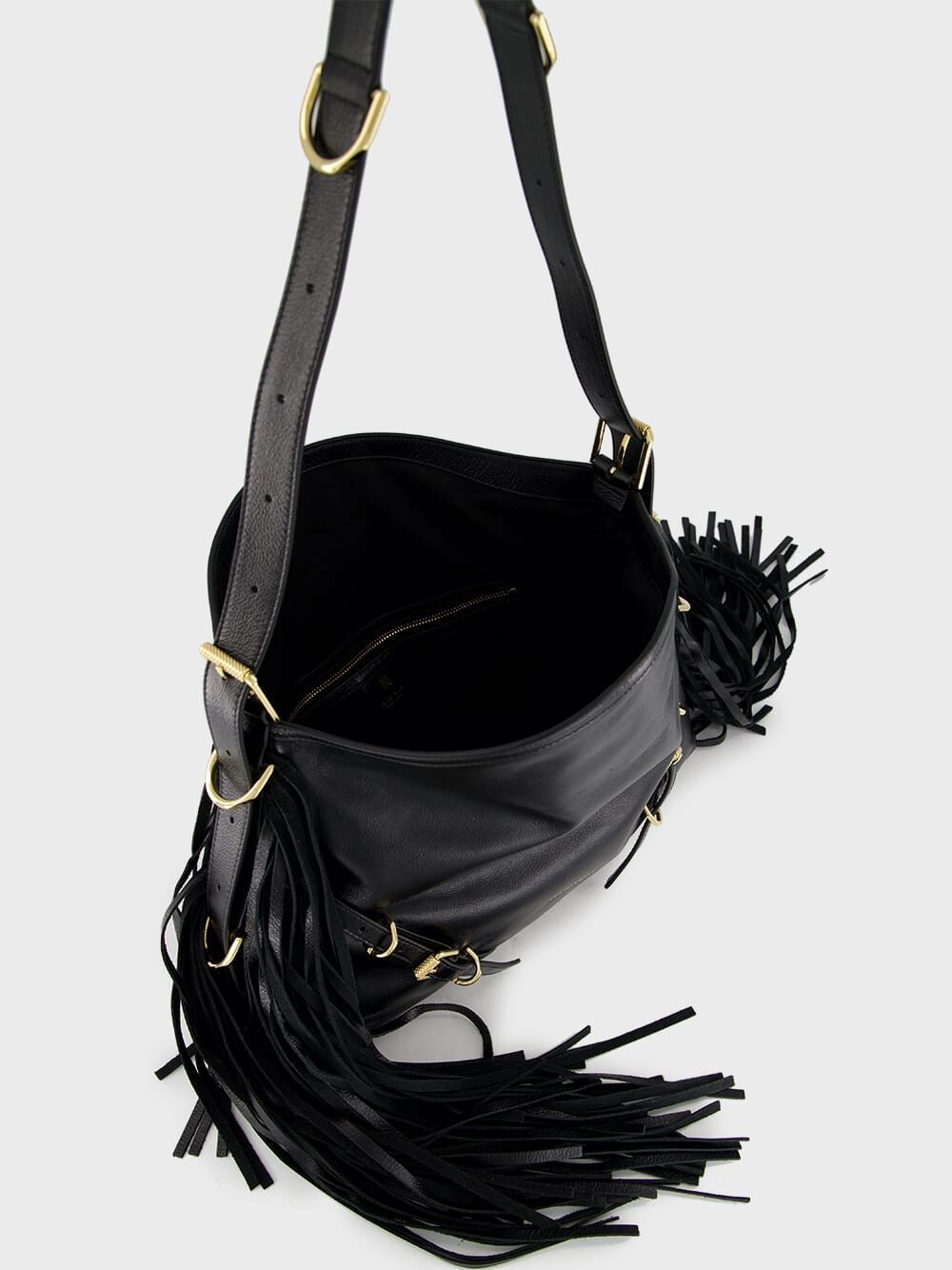Black Voyou Medium Shoulder Bag with Fringes