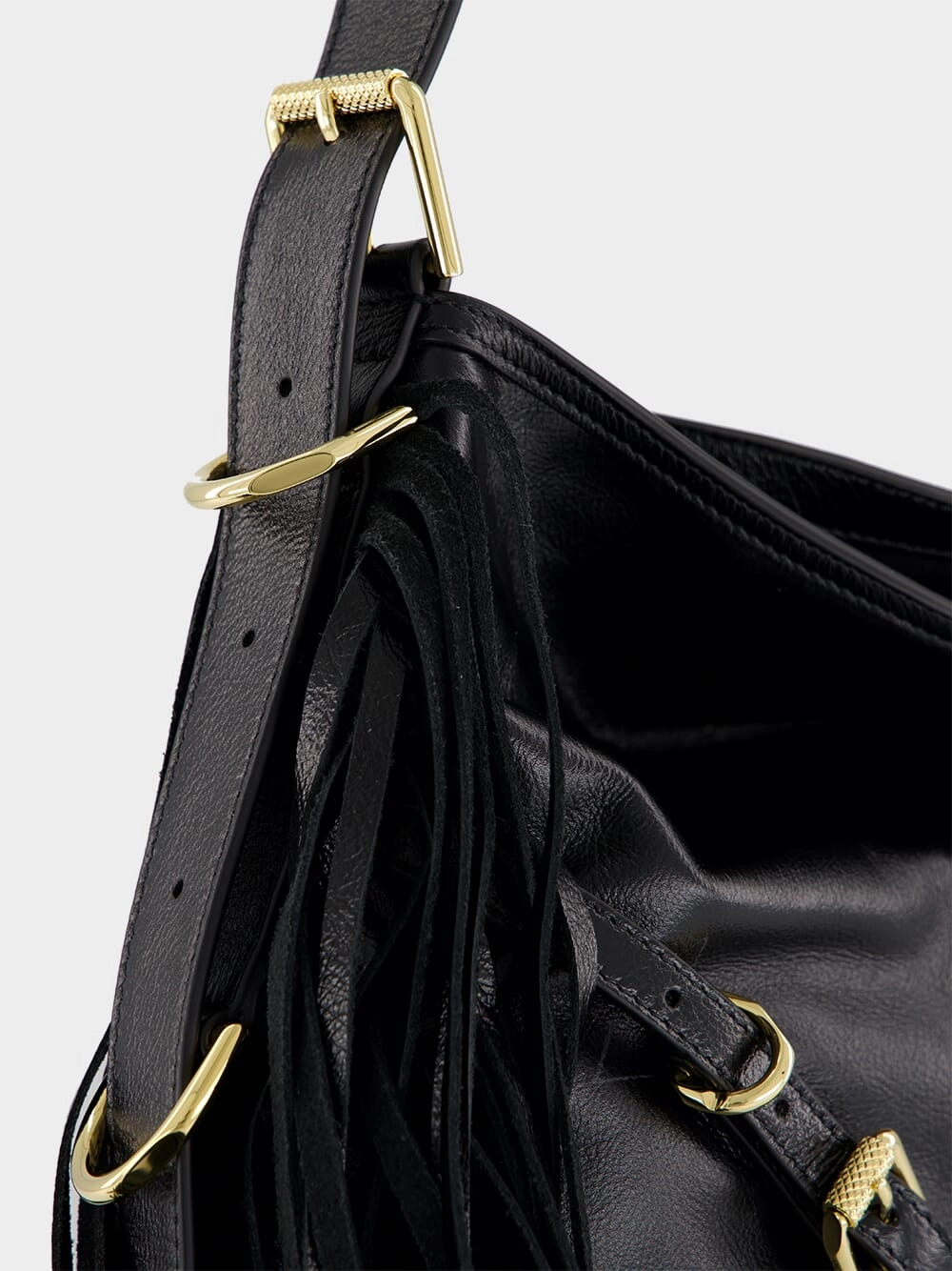 Black Voyou Medium Shoulder Bag with Fringes