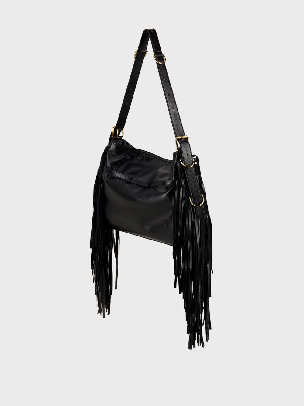 Black Voyou Medium Shoulder Bag with Fringes
