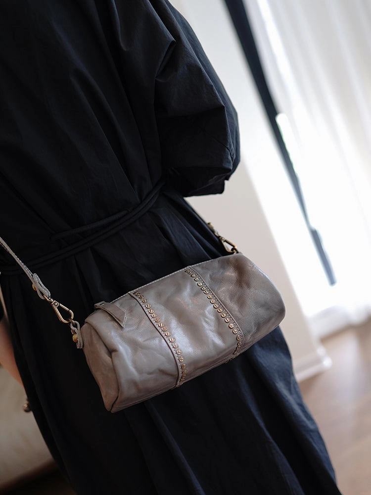 Black Womens Rivets Small Barrel Shoulder Bag Small Rivets Bucket Crossbody Purse for Ladies