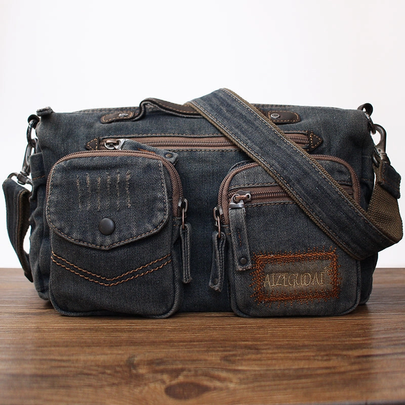 Blue Denim Side Bag Mens Denim Messenger Bag Vintage Denim Crossbody Bag For Women