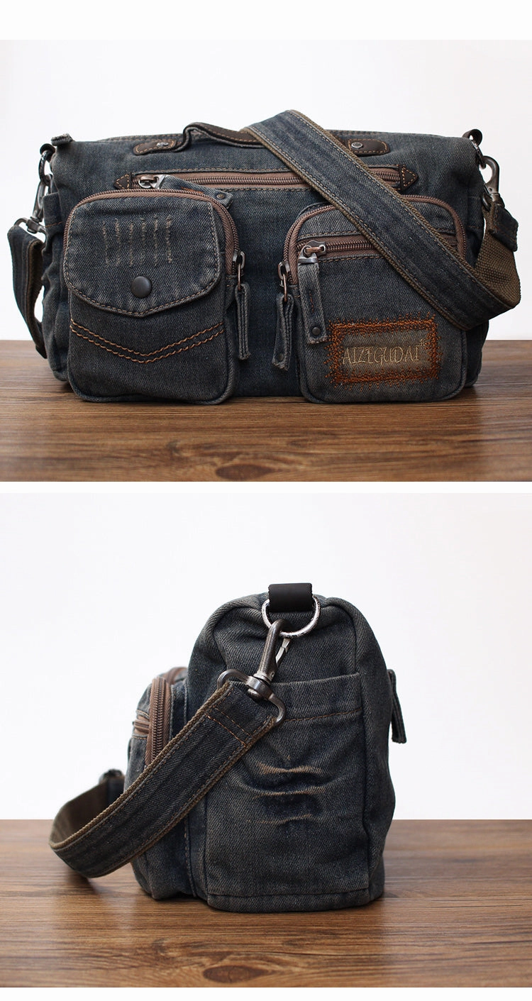 Blue Denim Side Bag Mens Denim Messenger Bag Vintage Denim Crossbody Bag For Women