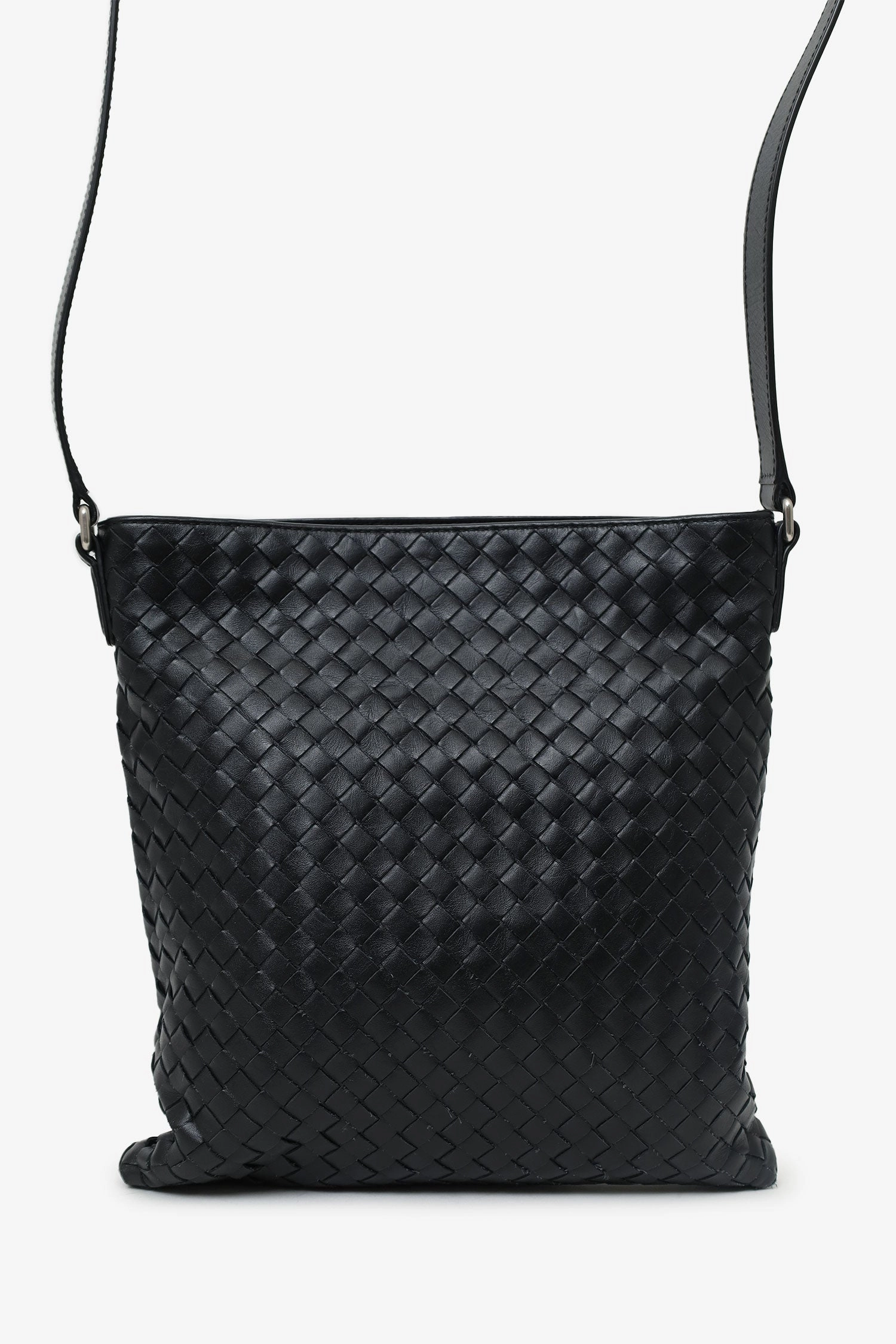 Bottega Veneta Black Intrecciato Flat Messenger Bag