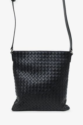 Bottega Veneta Black Intrecciato Flat Messenger Bag