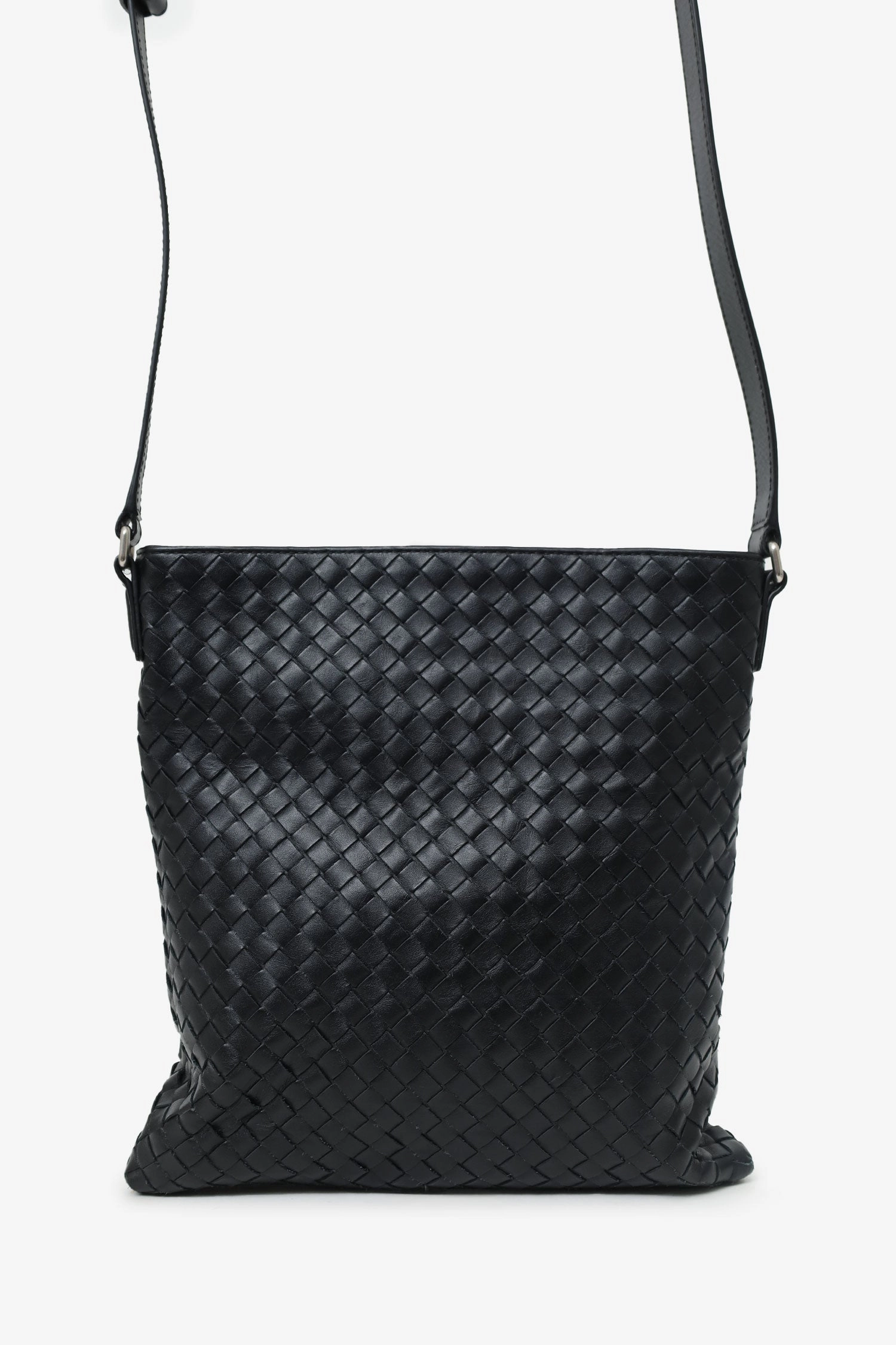 Bottega Veneta Black Intrecciato Flat Messenger Bag