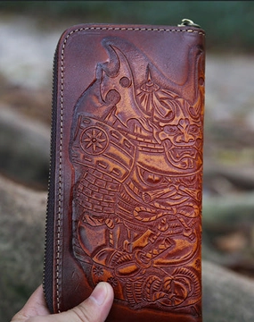 Brown Leather Japanese Samurai Tooled Zip Wallet Handmade Clutch Wallet for Men