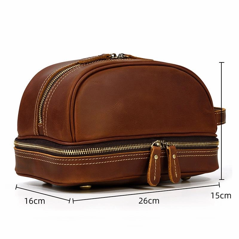 Brown Leather Men's Clutch Bag Double Zipped Wristlet Handbag Storage Bag For Men