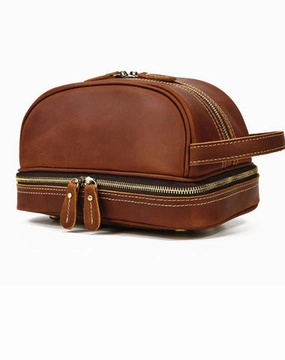 Brown Leather Men's Clutch Bag Double Zipped Wristlet Handbag Storage Bag For Men