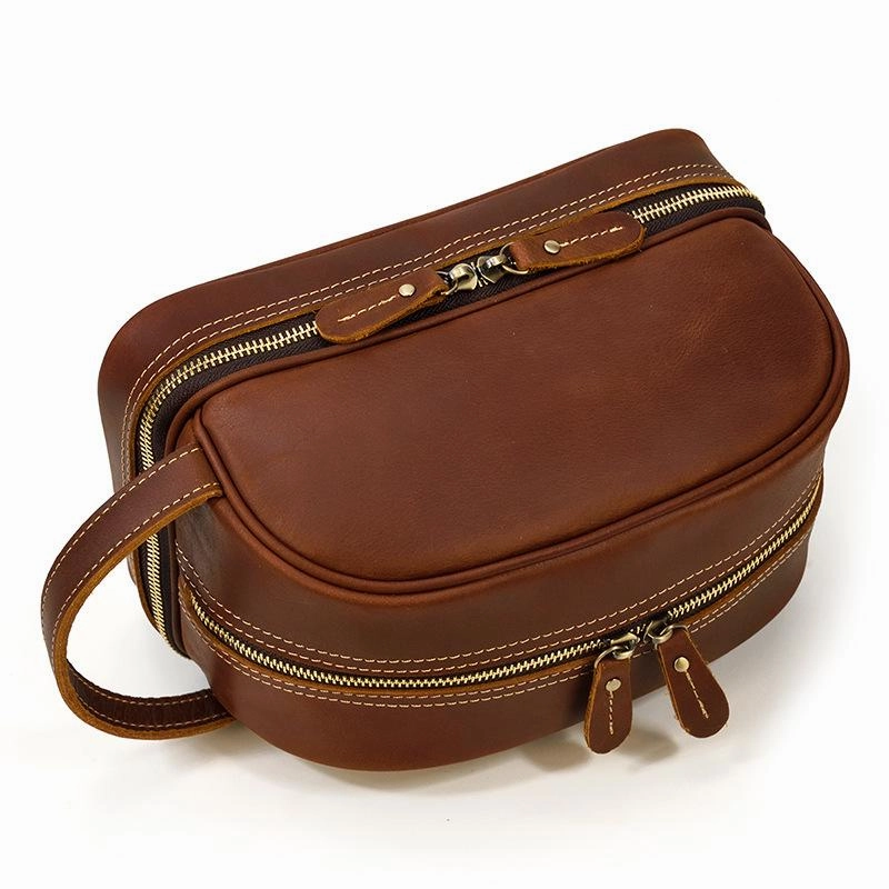 Brown Leather Men's Clutch Bag Double Zipped Wristlet Handbag Storage Bag For Men