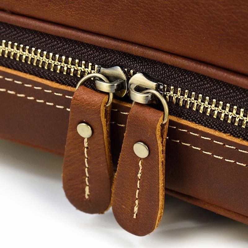 Brown Leather Men's Clutch Bag Double Zipped Wristlet Handbag Storage Bag For Men