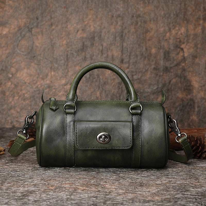 Brown Leather Womens Barrel Handbag Handmade Barrel Handbag Crossbody Purse for Ladies