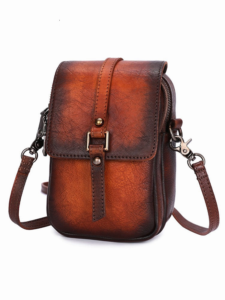 Brown Leather Womens VIntage Phone Shoulder Bag Small Side Bag Handmade Crossbody Purse for Ladies