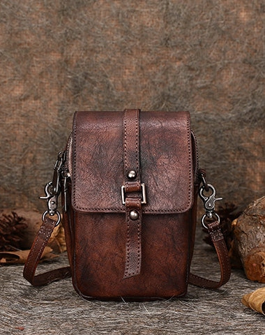 Brown Leather Womens VIntage Phone Shoulder Bag Small Side Bag Handmade Crossbody Purse for Ladies