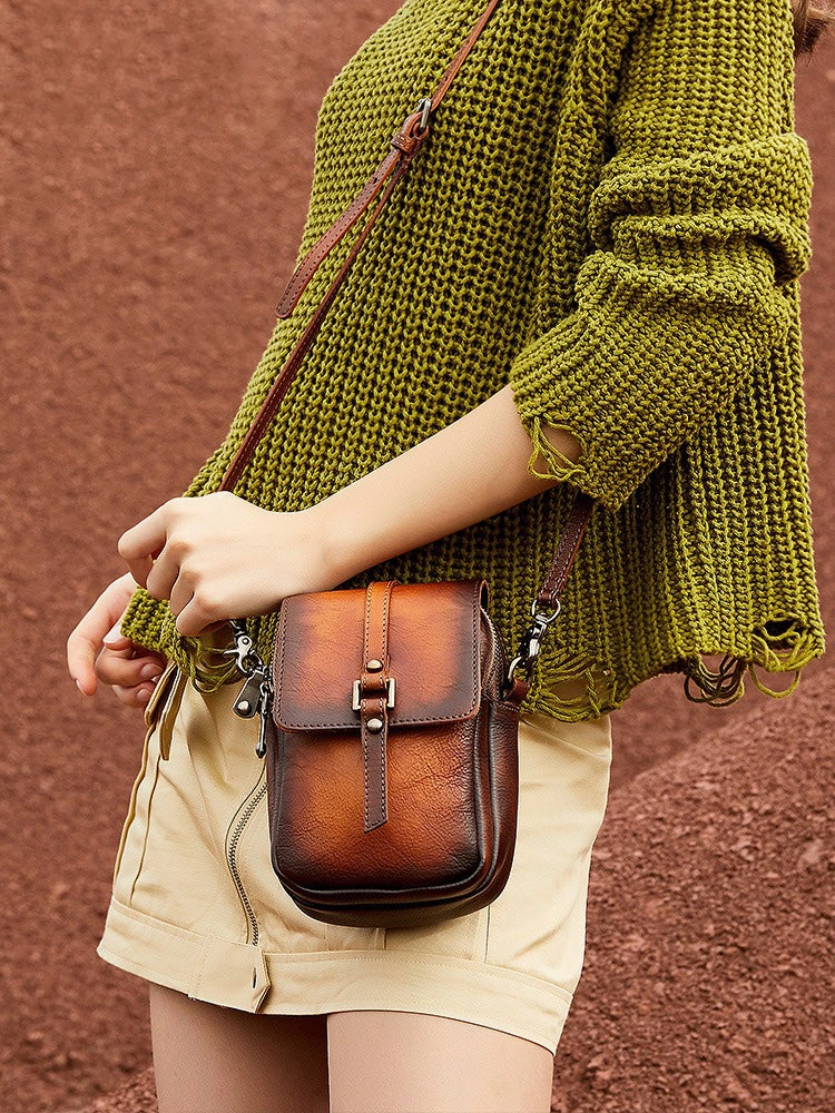 Brown Leather Womens VIntage Phone Shoulder Bag Small Side Bag Handmade Crossbody Purse for Ladies