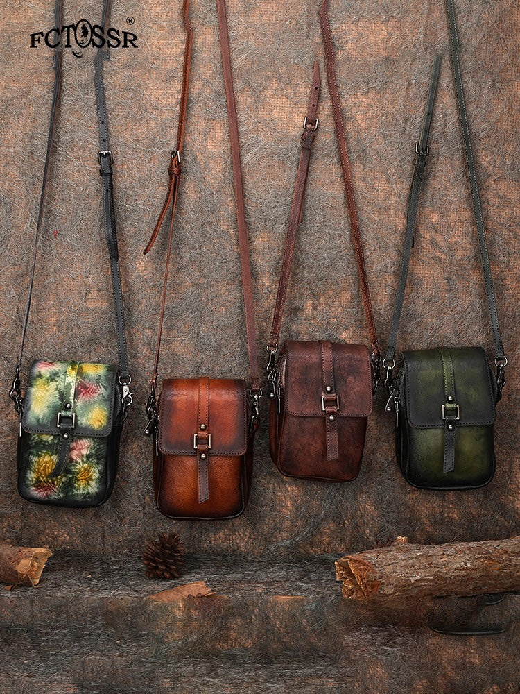 Brown Leather Womens VIntage Phone Shoulder Bag Small Side Bag Handmade Crossbody Purse for Ladies
