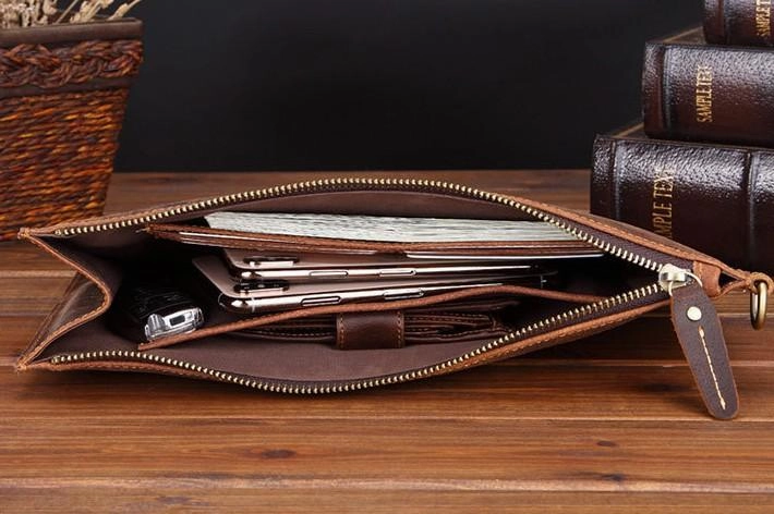 Brown MENS LEATHER SLIM ZIPPER CLUTCH WRISTLET PURSE CLUTCH BAGs FOR MEN