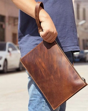 Brown MENS LEATHER SLIM ZIPPER CLUTCH WRISTLET PURSE CLUTCH BAGs FOR MEN