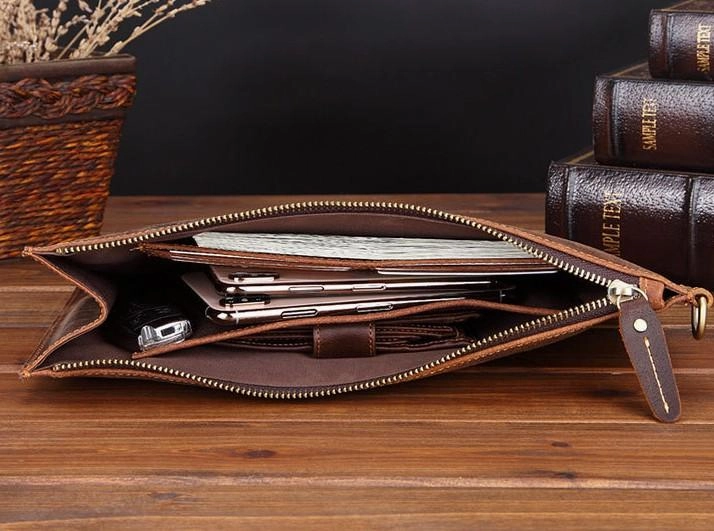 Brown MENS LEATHER SLIM ZIPPER CLUTCH WRISTLET PURSE CLUTCH BAGs FOR MEN