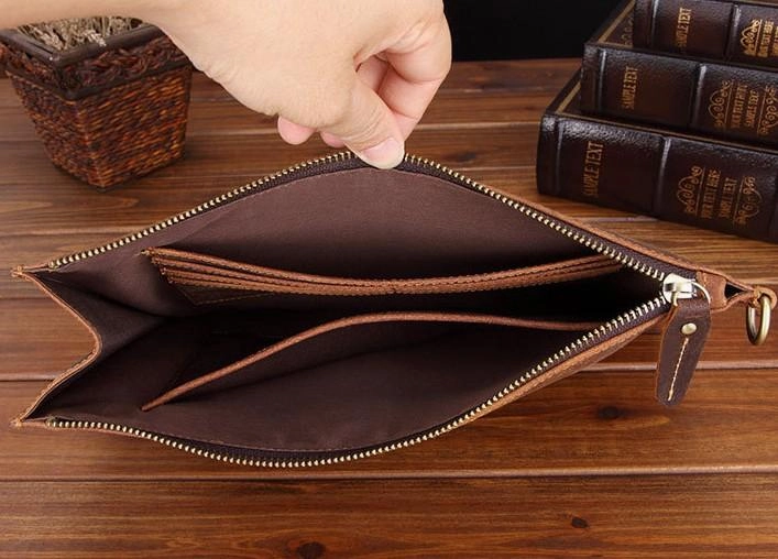 Brown MENS LEATHER SLIM ZIPPER CLUTCH WRISTLET PURSE CLUTCH BAGs FOR MEN