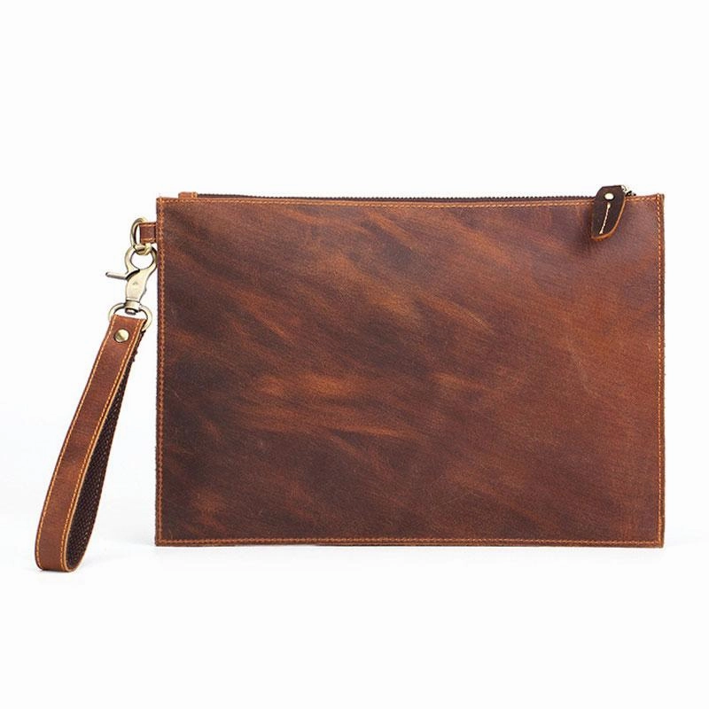 Brown MENS LEATHER SLIM ZIPPER CLUTCH WRISTLET PURSE CLUTCH BAGs FOR MEN